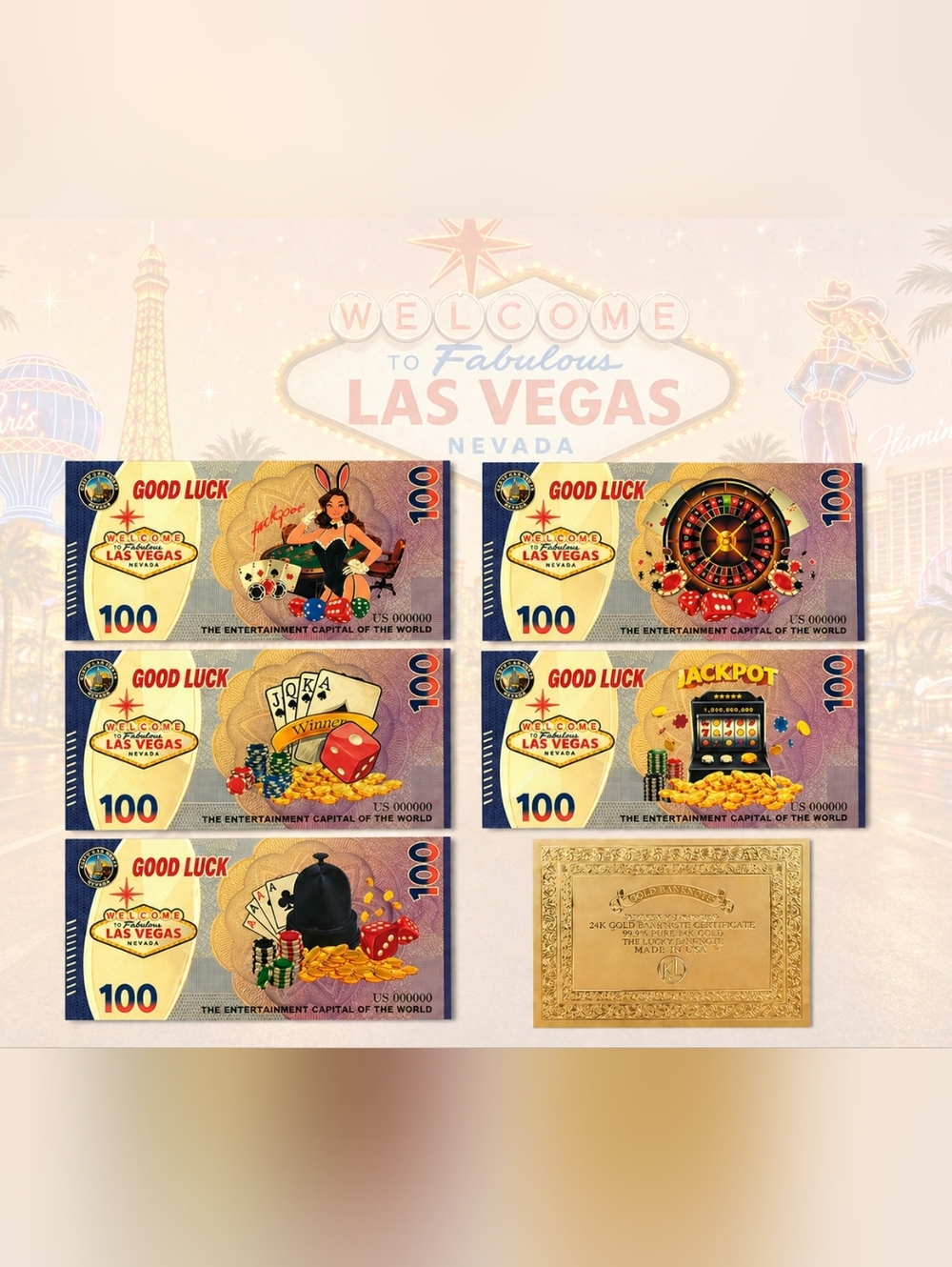 Las Vegas Gold Foil $100 Bill Collector Set w/ Cert | 24K Gold Foil Novelty